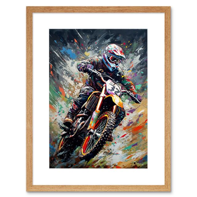 "Artery8 Wall Art Print Motocross Race Action Shot Paint Splat Portrait Artwork Framed 9X7 Inch in Beige - Size: W7"" x H9""" - image 1