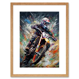 "Artery8 Wall Art Print Motocross Race Action Shot Paint Splat Portrait Artwork Framed 9X7 Inch in Beige - Size: W7"" x H9""" - thumbnail 1