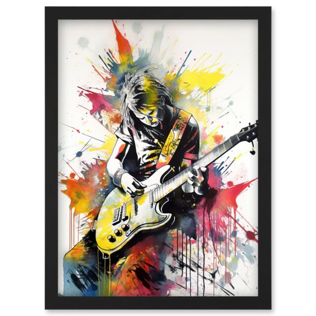 Artery8 Guitarist Playing Electric Guitar Music Solo Vibrant Modern Splat Paint Watercolour Illustration Artwork Framed Wall Art Print A4 in Black - image 1