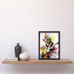 Artery8 Guitarist Playing Electric Guitar Music Solo Vibrant Modern Splat Paint Watercolour Illustration Artwork Framed Wall Art Print A4 in Black - thumbnail 2