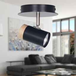 First Choice Lighting Set of 2 Stratton - Black with Wood Detail Single Spotlights - thumbnail 4