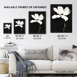 "Artery8 White Flower Bloom Black Background Watercolour Framed Art Print - Size: W12"" x H16""" - thumbnail 3