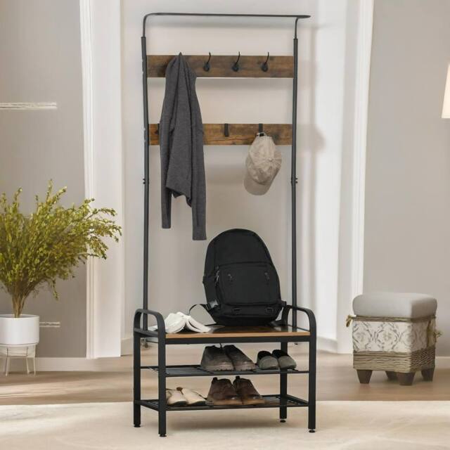 Pirlo Plush Industrial Coat Rack Stand With 2 Shelves & 8 Hooks in Brown - image 1