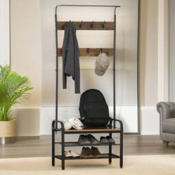 Pirlo Plush Industrial Coat Rack Stand With 2 Shelves & 8 Hooks in Brown - thumbnail 2