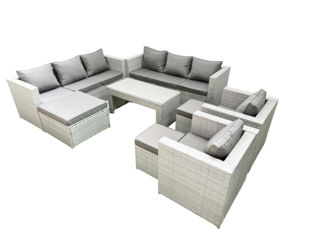 Fimous Outdoor Garden Furniture Rattan Sofa Set with 2 Armchairs Oblong Coffee Table 3 Footstools Light Grey Mixed - image 1