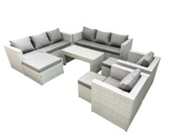 Fimous Outdoor Garden Furniture Rattan Sofa Set with 2 Armchairs Oblong Coffee Table 3 Footstools Light Grey Mixed - thumbnail 1