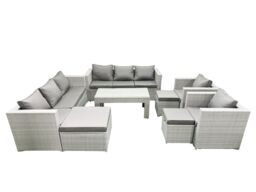Fimous Outdoor Garden Furniture Rattan Sofa Set with 2 Armchairs Oblong Coffee Table 3 Footstools Light Grey Mixed - thumbnail 2