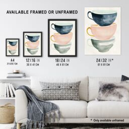 "Artery8 Three Stacked Tea Cups Bright Boho Watercolour Wall Art Print - Size: W18"" x H24""" - thumbnail 3