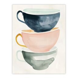 "Artery8 Three Stacked Tea Cups Bright Boho Watercolour Wall Art Print - Size: W18"" x H24""" - thumbnail 1