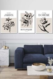 ARTZE Set of 3 White Framed Minimalist Sketch Leaves Flowers Beige & Black Wall Art - Size: W33 cm x H45 cm x D20mm