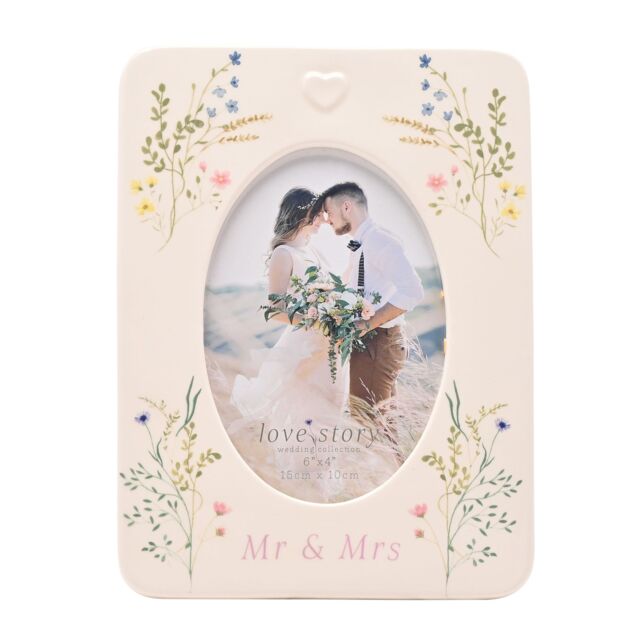"Love story Wildflower Ceramic Photo Frame 4"" x 6"" Floral - Mr & Mrs in White" - image 1