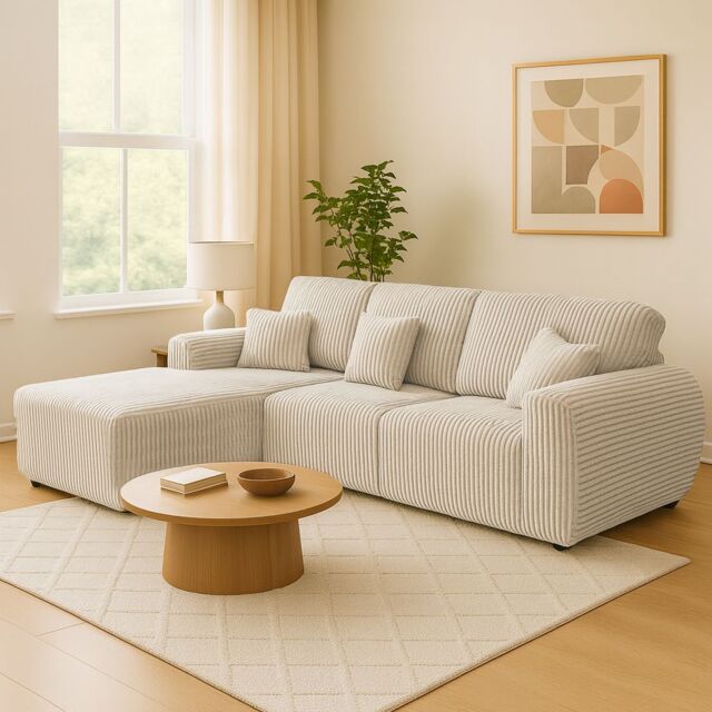 Furnishings For Less UK Vinci Chunky Thick Cord Soft 4 Seater Corner Sofa Left Hand Facing in Ivory - image 1