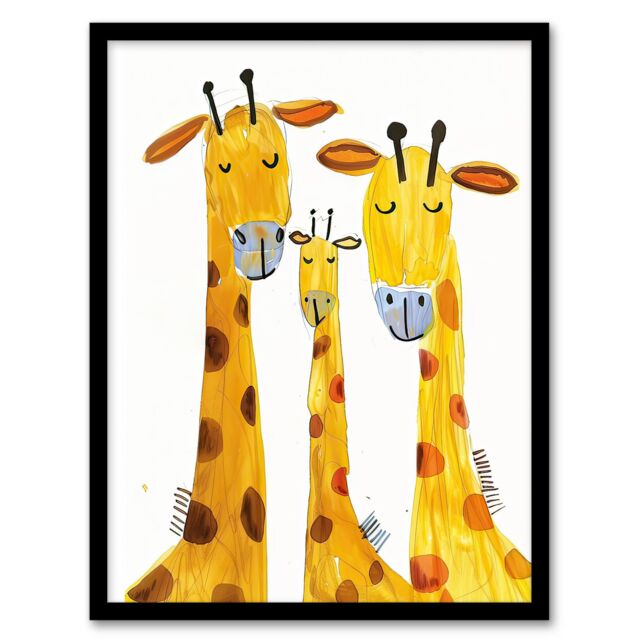 "Artery8 Giraffe Family Simple Bright Watercolour Folk Art Framed Wall Art in Yellow - Size: W12"" x H16""" - image 1
