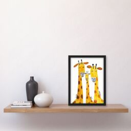 "Artery8 Giraffe Family Simple Bright Watercolour Folk Art Framed Wall Art in Yellow - Size: W12"" x H16""" - thumbnail 4
