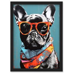 Artery8 English Bulldog Wearing Bandana & Sunglasses Artwork Framed Wall Art Print A4 in Black - thumbnail 1