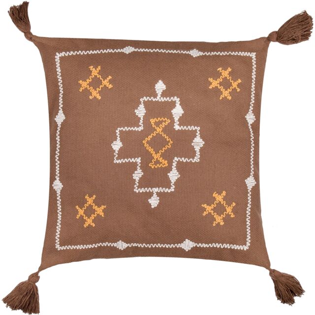 Yard Durdle 100% Cotton Embroidered Tasselled Cushion in Brown - Size: 45 cm x 45 cm - image 1