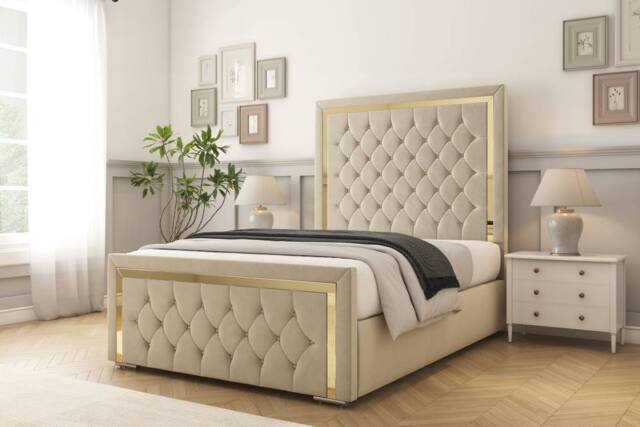 "Comfort Beds Sofia Gold Plush Bed Frame - 50"" Upholstered Headboard in Cream - Size: Single" - image 1