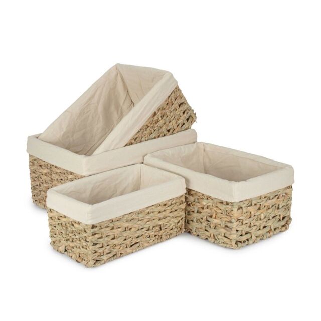 Red Hamper Set of 4 Thatch Grass Woven Storage Basket with White Cotton Lining in Brown - image 1