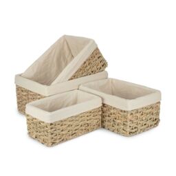 Red Hamper Set of 4 Thatch Grass Woven Storage Basket with White Cotton Lining in Brown