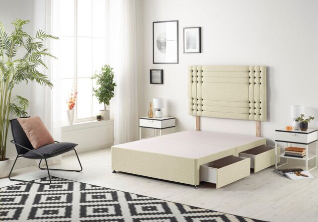 Somnior Flexby Divan Bed Base With 2 Drawers & Upholstered Headboard Linen Fabric in Beige - Size: King - image 1