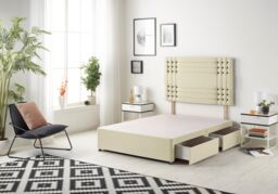 Somnior Flexby Divan Bed Base With 2 Drawers & Upholstered Headboard Linen Fabric in Beige - Size: King - thumbnail 1