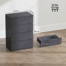 HOMCOM Bedroom Chest of Drawers, High Gloss 4 Drawers Dresser, Grey - thumbnail 3