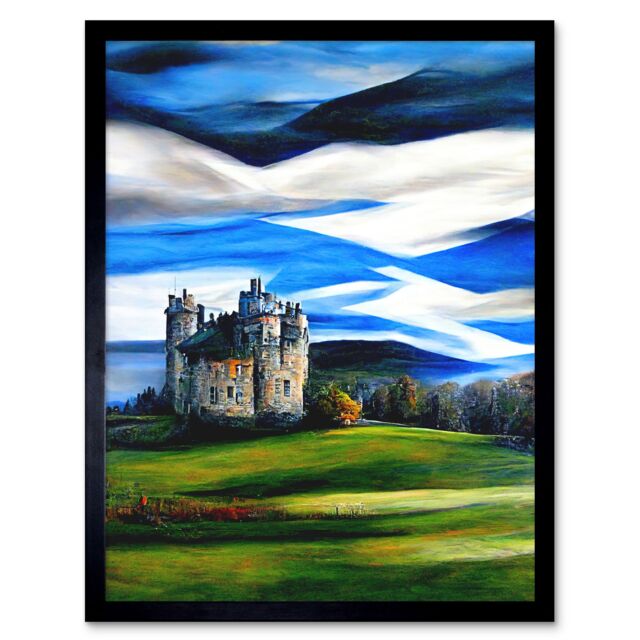 "Artery8 Wall Art Print Modern Oil Paint Doune Scottish Castle Saltire Sky Art Framed in Black - Size: W12"" x H16""" - image 1
