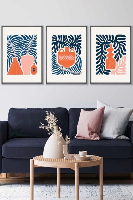 ARTZE Set of 3 Dark Grey Framed Pink & Navy Blue Boho Graphical Botanical Wall Art - Size: W33 cm x H45 cm x D20mm - image 1