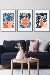 ARTZE Set of 3 Dark Grey Framed Pink & Navy Blue Boho Graphical Botanical Wall Art - Size: W33 cm x H45 cm x D20mm - thumbnail 1