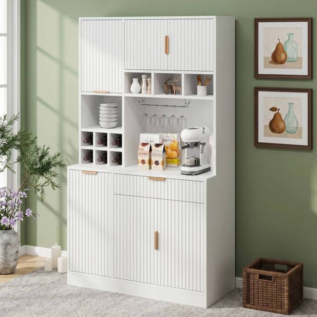 Merax Modern Tall Kitchen Pantry Cabinet with Power Outlets & Wine Storage in White - image 1
