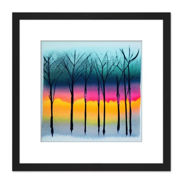 Artery8 Winter Trees At Sunset Watercolour Forest Colourful Pastel Silhouette Painting Square Wooden Framed Wall Art Print Picture 8X8 Inch in Black - image 1