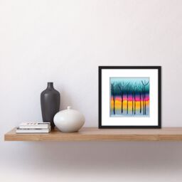 Artery8 Winter Trees At Sunset Watercolour Forest Colourful Pastel Silhouette Painting Square Wooden Framed Wall Art Print Picture 8X8 Inch in Black - thumbnail 2