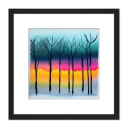 Artery8 Winter Trees At Sunset Watercolour Forest Colourful Pastel Silhouette Painting Square Wooden Framed Wall Art Print Picture 8X8 Inch in Black - thumbnail 1