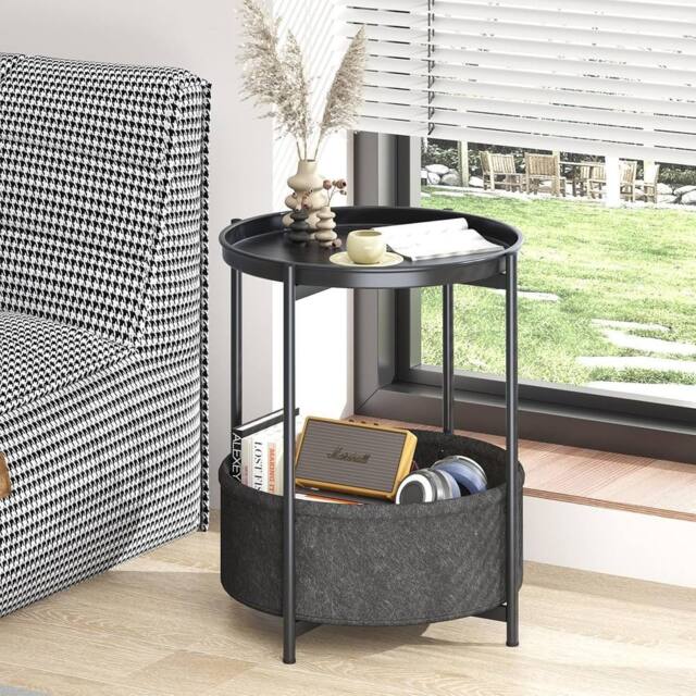 Huhote Round Side Table Fabric Basket End Table for Small Space 2 Tiers in Black - image 1