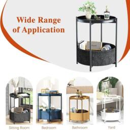 Huhote Round Side Table Fabric Basket End Table for Small Space 2 Tiers in Black - thumbnail 6