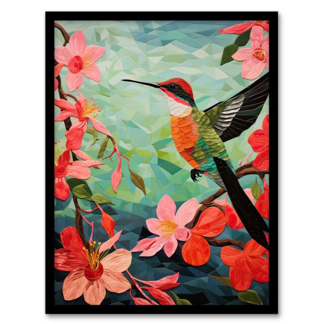 Artery8 Wall Art Print Hummingbird & Pink Hibiscus Flowers Colourful Textile Quilt Design with Spring Blooms Artwork Framed in Green - Size: A4 - image 1