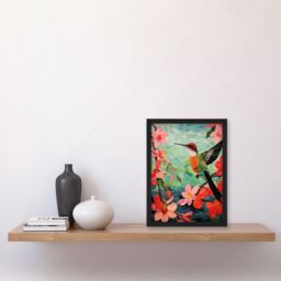 Artery8 Wall Art Print Hummingbird & Pink Hibiscus Flowers Colourful Textile Quilt Design with Spring Blooms Artwork Framed in Green - Size: A4 - thumbnail 4