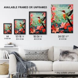 Artery8 Wall Art Print Hummingbird & Pink Hibiscus Flowers Colourful Textile Quilt Design with Spring Blooms Artwork Framed in Green - Size: A4 - thumbnail 3