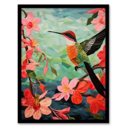 Artery8 Wall Art Print Hummingbird & Pink Hibiscus Flowers Colourful Textile Quilt Design with Spring Blooms Artwork Framed in Green - Size: A4 - thumbnail 1