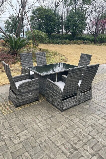 Fimous Outdoor PE Wicker Rattan Adjustable Chair Black Tempered Oblong Dining Table & Chair Sets 6 Seater in Dark Grey - image 1