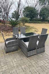 Fimous Outdoor PE Wicker Rattan Adjustable Chair Black Tempered Oblong Dining Table & Chair Sets 6 Seater in Dark Grey - thumbnail 2