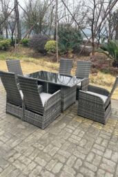Fimous Outdoor PE Wicker Rattan Adjustable Chair Black Tempered Oblong Dining Table & Chair Sets 6 Seater in Dark Grey - thumbnail 4