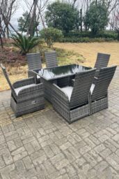 Fimous Outdoor PE Wicker Rattan Adjustable Chair Black Tempered Oblong Dining Table & Chair Sets 6 Seater in Dark Grey - thumbnail 6