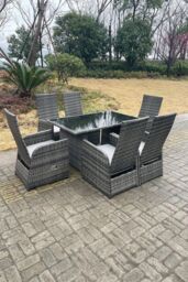 Fimous Outdoor PE Wicker Rattan Adjustable Chair Black Tempered Oblong Dining Table & Chair Sets 6 Seater in Dark Grey
