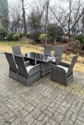 Fimous Outdoor PE Wicker Rattan Adjustable Chair Black Tempered Oblong Dining Table & Chair Sets 6 Seater in Dark Grey - thumbnail 5