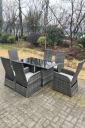 Fimous Outdoor PE Wicker Rattan Adjustable Chair Black Tempered Oblong Dining Table & Chair Sets 6 Seater in Dark Grey - thumbnail 3