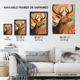 Artery8 Wall Art Print Abstract Majestic Stag Autumn Hues Sunrise Reindeer Head Portrait Vibrant Bold Bright Colourful Painting Poster - thumbnail 3