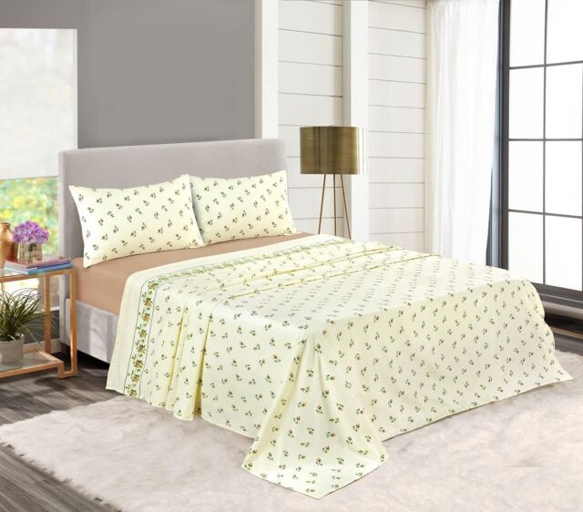 HomeSpace Direct Rosebud Brushed Cotton Flannelette Sheet Set in Cream - Size: Single - image 1