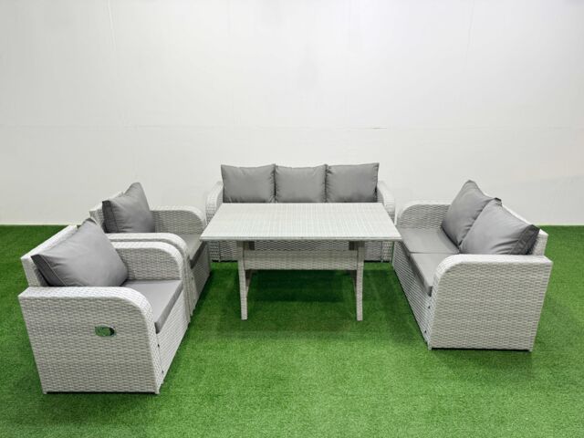 Fimous PE Rattan Garden Furniture Set Reclining Chair Sofa Double Love Seat 2 Seater Sofa Lounge Set Rectangular Dining Table Light Grey - image 1