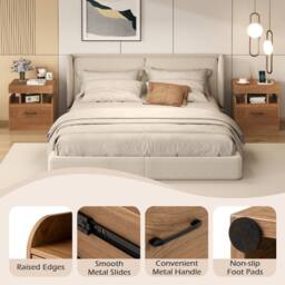 Costway Wooden Nightstand Modern Bedside Table w/ Drawer & Charging Outlets in Natural - thumbnail 9